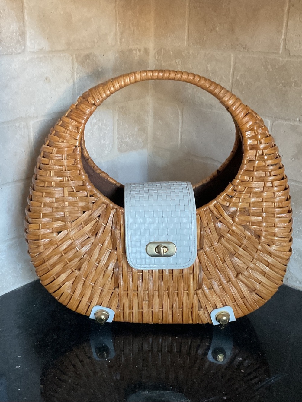 Woven Crescent Shoulder Bag with White Woven Closure